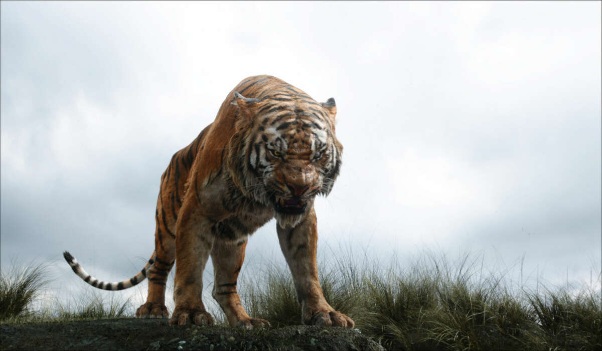 In this image released by Disney, Shere Khan the tiger, voiced by Idris Elba, appears in a scene from, "The Jungle Book." (Disney via AP)