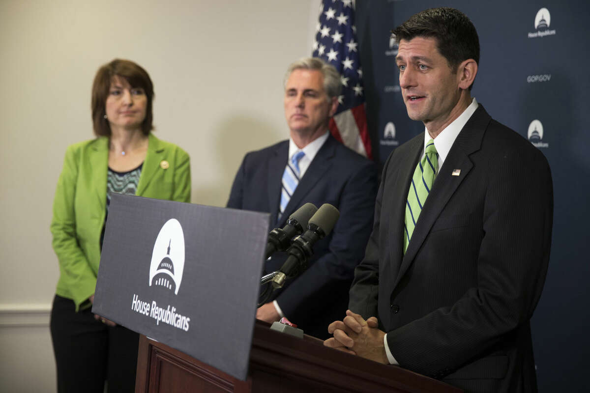 House Speaker Paul Ryan of Wis. speaks during a news conference on Capitol Hill in Washington, Tuesday, May 17, 2016, following a House Republican caucus meeting. From left re, Rep. Cathy McMorris Rodgers, House Majority Leader Kevin McCarthy of Calif., and Ryan. (AP Photo/Evan Vucci)