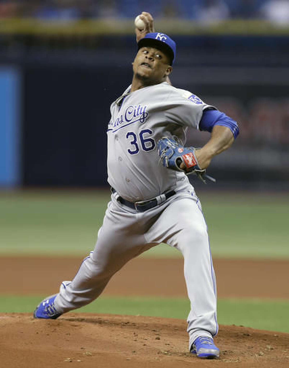 Kansas City Royals' Edinson Volquez pitches to the Tampa Bay Rays during the first inning of a baseball game Wednesday, Aug. 3, 2016, in St. Petersburg, Fla. (AP Photo/Chris O'Meara)