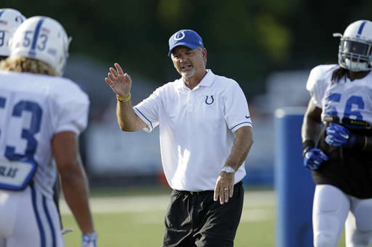 Indianapolis Colts coach Chuck Pagano gestures during the NFL team's football training camp in Anderson, Ind., Tuesday, Aug. 2, 2016. (AP Photo/Michael Conroy)