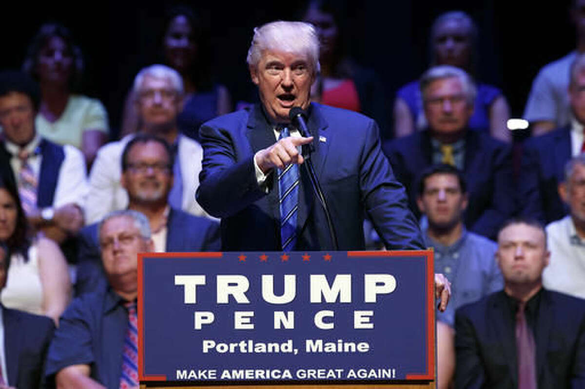 Republican presidential candidate Donald Trump speaks during a campaign rally at Merrill Auditorium, Thursday, Aug. 4, 2016, in Portland, Maine. (AP Photo/Evan Vucci)