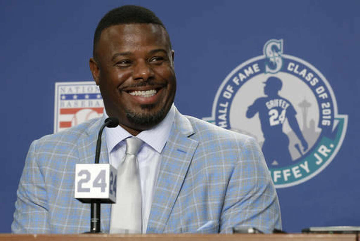 Seattle Mariners Hall-of-Famer Ken Griffey Jr. talks to reporters Friday, Aug. 5, 2016, before a baseball game between the Mariners and the Los Angeles Angels in Seattle. On Saturday, the Mariners will retire Griffey's No. 24. (AP Photo/Ted S. Warren)