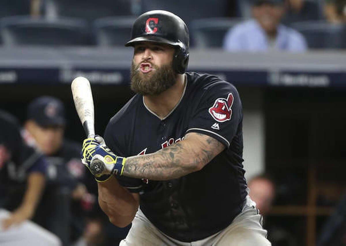 Cleveland Indians' Mike Napoli reacts to a pitch during the ninth inning of the team's baseball game against the New York Yankees at Yankee Stadium, Friday, Aug. 5, 2016 in New York. The Yankees defeated the Indians 13-7. (AP Photo/Seth Wenig)