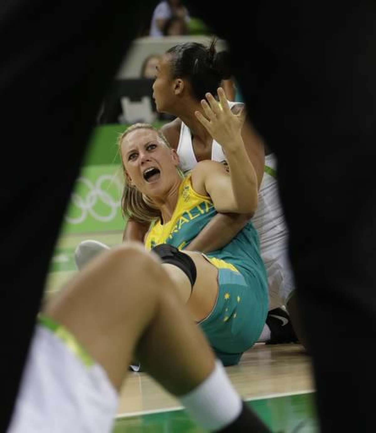 Australia guard Penny Taylor looks for the call from the referee during the first half of a women's basketball game against Brazil at the Youth Center at the 2016 Summer Olympics in Rio de Janeiro, Brazil, Saturday, Aug. 6, 2016. (AP Photo/Carlos Osorio)
