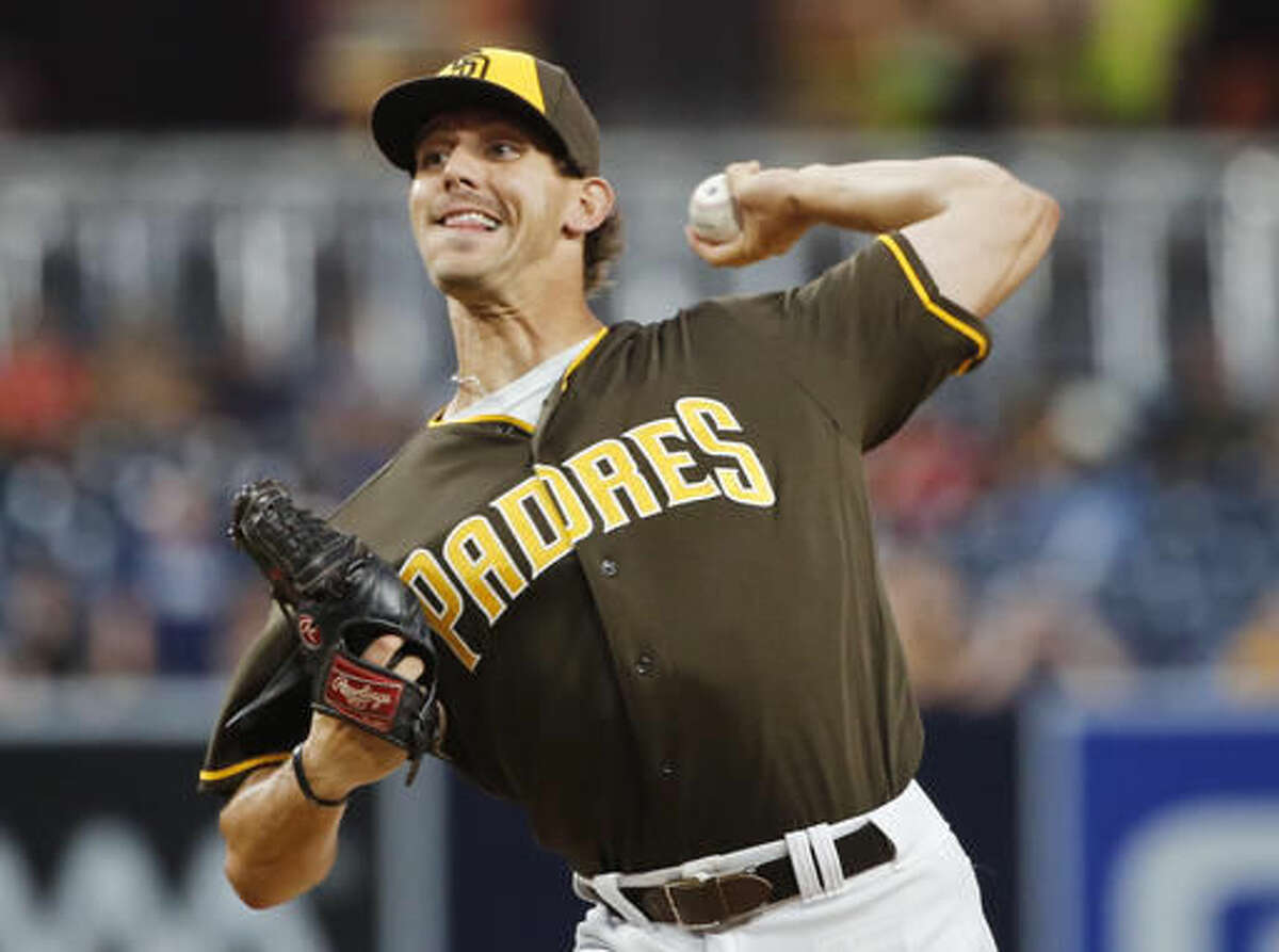 San Diego Padres starting pitcher Christian Friedrich works against the Philadelphia Phillies during the first inning of a baseball game Friday, Aug. 5, 2016, in San Diego. (AP Photo/Lenny Ignelzi)