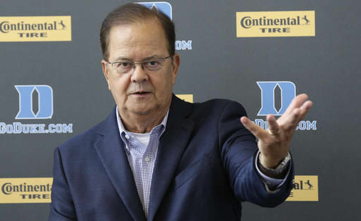 Duke head coach David Cutcliffe speaks with members of the media during the NCAA college football team's media day in Durham, N.C., Monday, Aug. 8, 2016. (AP Photo/Gerry Broome)