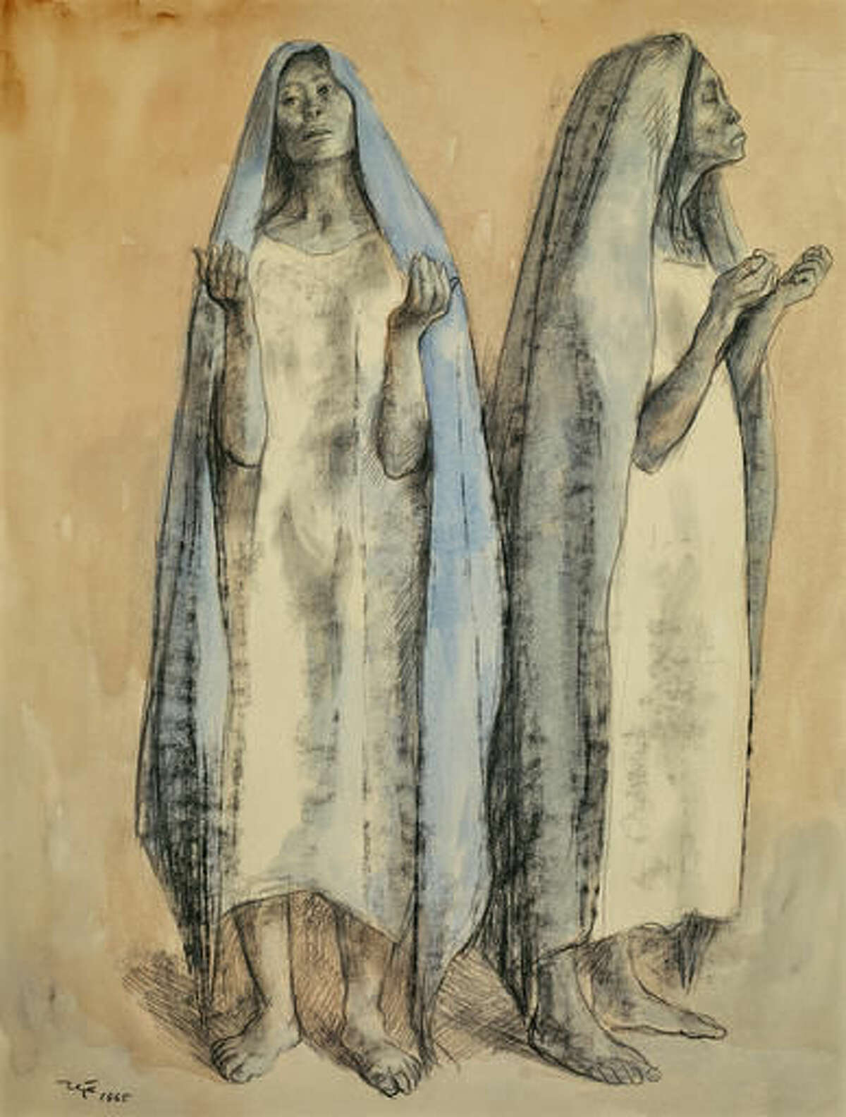 This undated image provided by Objects of Art Santa Fe shows a Francisco Zuniga painting "Two Woman" dated 1929. The 25 x 19 inch pencil and watercolor is from the Garry Shandling collection that will also be on offer at the Objects of Art Santa Fe Show for $15,000. The artwork is part of dozens of paintings and other works of art from the estate of Shandling that will be offered for sale at an art show in New Mexico this week. (Objects of Art Santa Fe via AP)