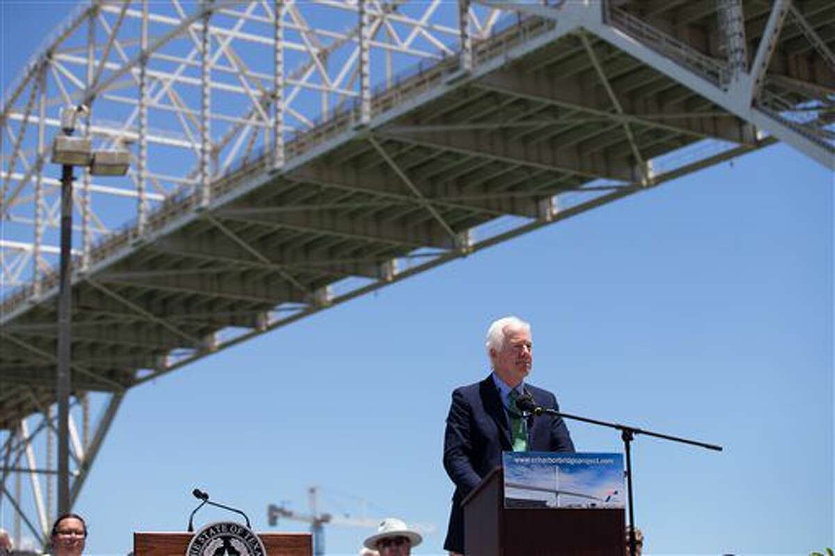U.S. Sen. John Cornyn speaks during the ground breaking ceremony for the Harbor Bridge replacement project at the Ortiz Center in Corpus Christi, Texas, Monday, Aug. 8, 2016. The project will replace the aging hat-shaped bridge that's a signature landmark of the coastal city. (Courtney Sacco/Corpus Christi Caller-Times via AP)