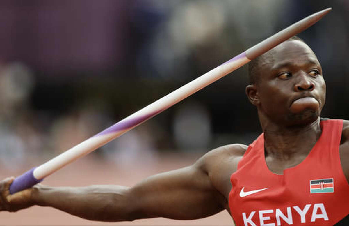 FILE - In this Aug. 11, 2012 file photo, Kenya's Julius Yego competes in the men's javelin throw final during the Summer Olympics in London. The Kenyan athletics federation turned on the country's Olympic committee on Monday, Aug. 8, 2016, blaming it for the travel problems that left javelin world champion Julius Yego without a plane ticket to the Summer Games in Rio de Janeiro. Yego did eventually manage to get a flight to Brazil. (AP Photo/David J. Phillip, File)
