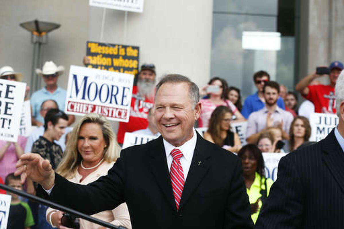 Alabama Chief Justice Roy Moore speaks to the media during a news conference in Montgomery, Ala., on Monday, Aug. 8, 2016. He is accused of breaking judicial ethics during the fight over same-sex marriage in the state. (AP Photo/Brynn Anderson)