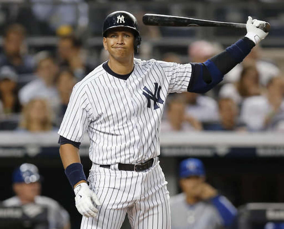 FILE - In this May 26, 2015 file photo, New York Yankees designated hitter Alex Rodriguez reacts during a seventh-inning at-bat in a baseball game against the Kansas City Royals at Yankee Stadium in New York. Since Rodriguez announced that Friday, Aug. 12, will be his last game, his value has suddenly soared, at least when it comes to ticket prices. Despite a .204 batting average this season, baseball fans are suddenly willing to pay four times the normal price to see A-Rod play the Tampa Bay Rays on Friday. (AP Photo/File, Kathy Willens)
