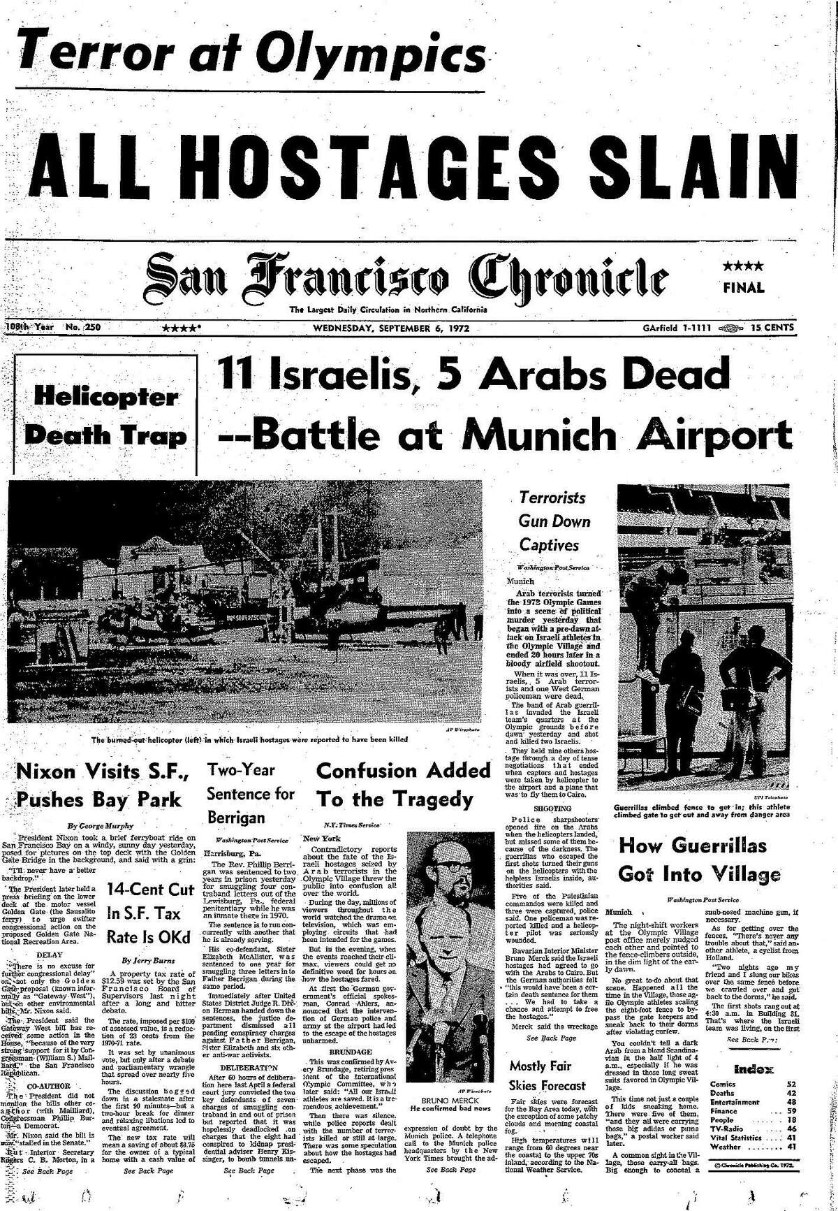 Historic Chronicle Front Page September 06, 1972 Olympic athletes are held hostage then killed at Munich Olympics