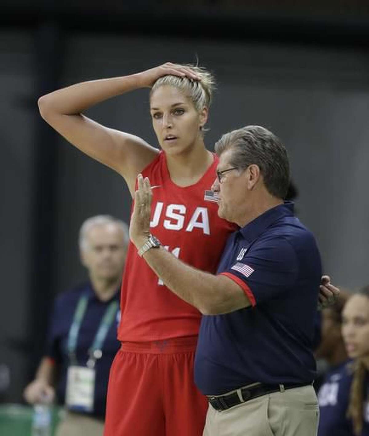United States guard Elena Delle Donne talks with head coach Geno Auriemma during the first half of a women's basketball game against Spain at the Youth Center at the 2016 Summer Olympics in Rio de Janeiro, Brazil, Monday, Aug. 8, 2016. (AP Photo/Carlos Osorio)