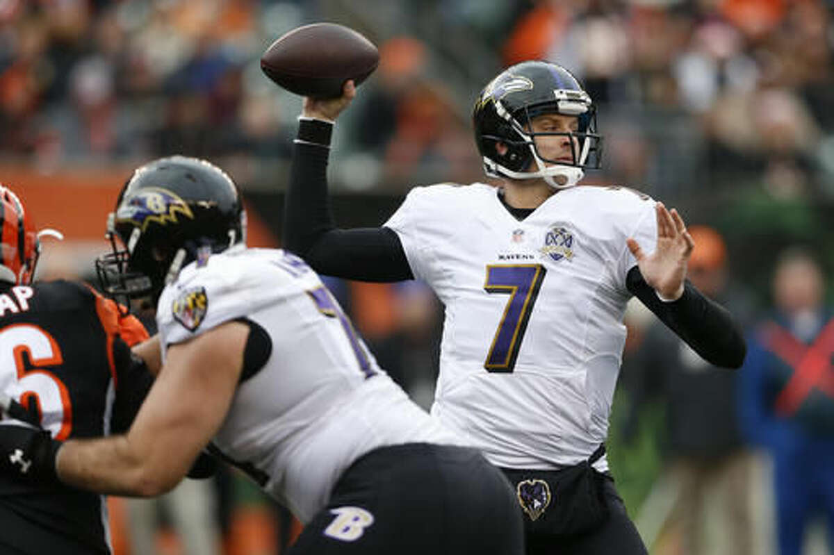 FILE - In this Jan. 3, 2016, file photo, Baltimore Ravens quarterback Ryan Mallett throws in the first half of an NFL football game against the Cincinnati Bengals, in Cincinnati. Mallett is back to No. 2 on the Ravens' depth chart at quarterback, a job that now carries added importance with starter Joe Flacco coming off knee surgery. (AP Photo/Gary Landers, File)