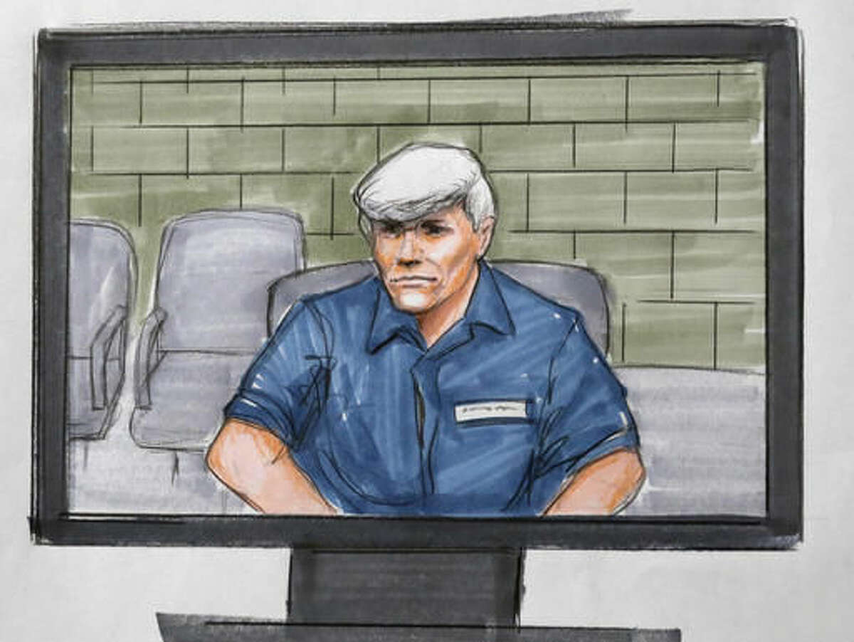 In this Tuesday, Aug. 9, 2016 courtroom sketch, former Illinois Gov. Rod Blagojevich, right, appears via video from a Colorado prison during his re-sentencing in a federal courtroom in Chicago. (AP Photo/Tom Gianni)