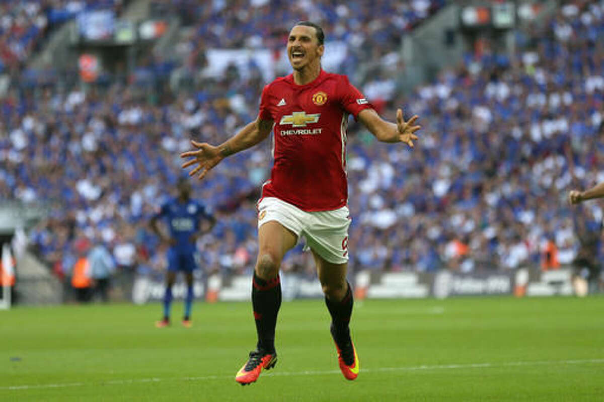 Manchester United's Zlatan Ibrahimovic celebrates after scoring a goal during the Community Shield soccer match between Leicester and Manchester United at Wembley stadium in London, Sunday, Aug. 7, 2016. (AP Photo/Tim Ireland)