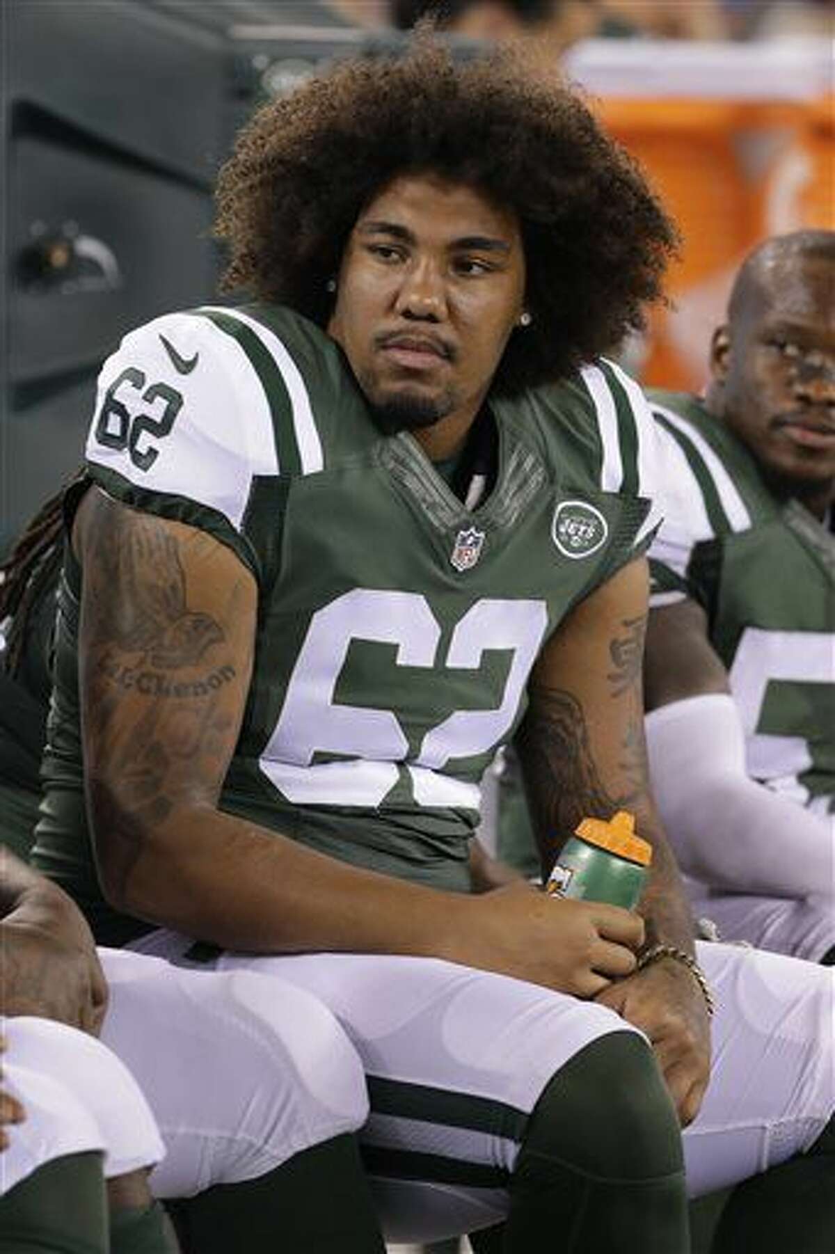 FILE - In this Sept. 3, 2015, file photo, New York Jets defensive tackle Leonard Williams (62) talks to teammates during the second half of a preseason NFL football game against the Philadelphia Eagles in East Rutherford, N.J. Williams realized toward the end of a solid rookie year that he, too, could benefit from cold tub therapy. (AP Photo/Peter Morgan, File)