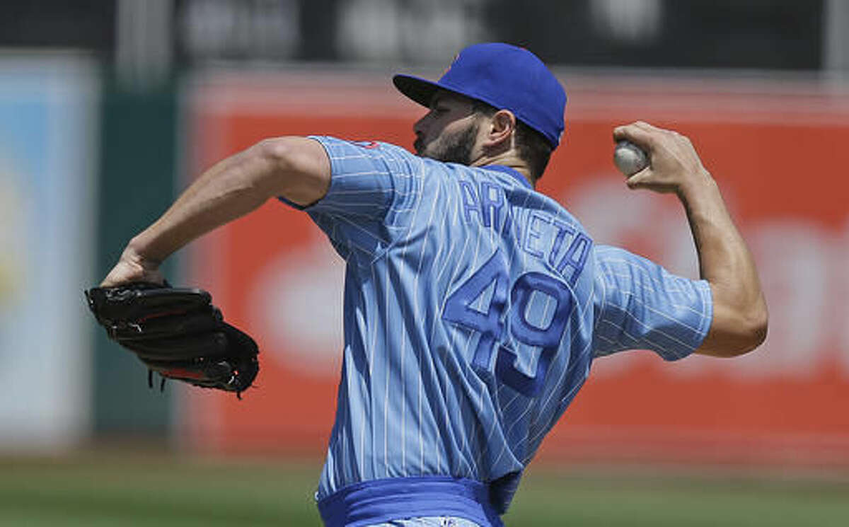 Chicago Cubs pitcher Jake Arrieta works against the Oakland Athletics in the first inning of a baseball game Saturday, Aug. 6, 2016, in Oakland, Calif. (AP Photo/Ben Margot)