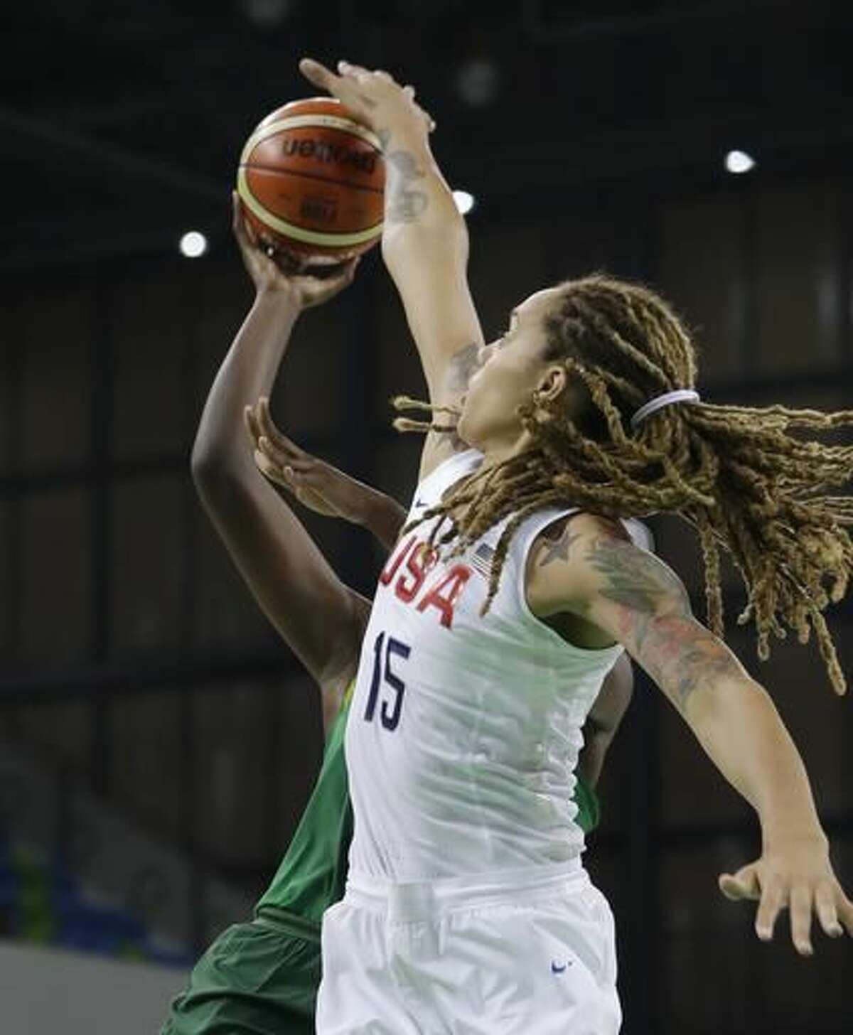 United States center Brittney Griner (15) blocks a shot by Senegal center Maimouna Diarra, during the first half of a women's basketball game at the Youth Center at the 2016 Summer Olympics in Rio de Janeiro, Brazil, Sunday, Aug. 7, 2016. (AP Photo/Carlos Osorio)