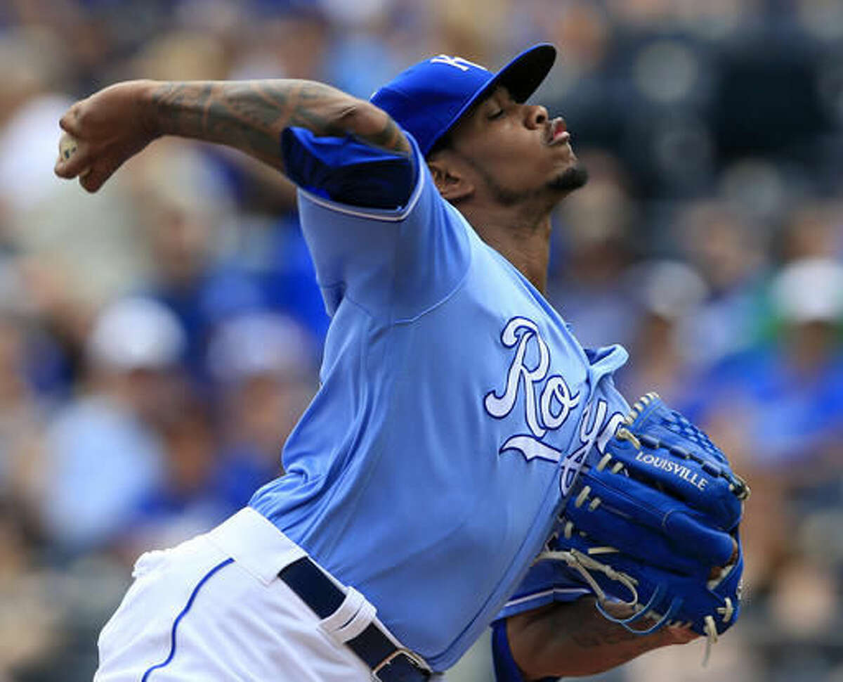 Kansas City Royals starting pitcher Yordano Ventura delivers to a Toronto Blue Jays batter during the first inning of a baseball game at Kauffman Stadium in Kansas City, Mo., Sunday, Aug. 7, 2016. (AP Photo/Orlin Wagner)