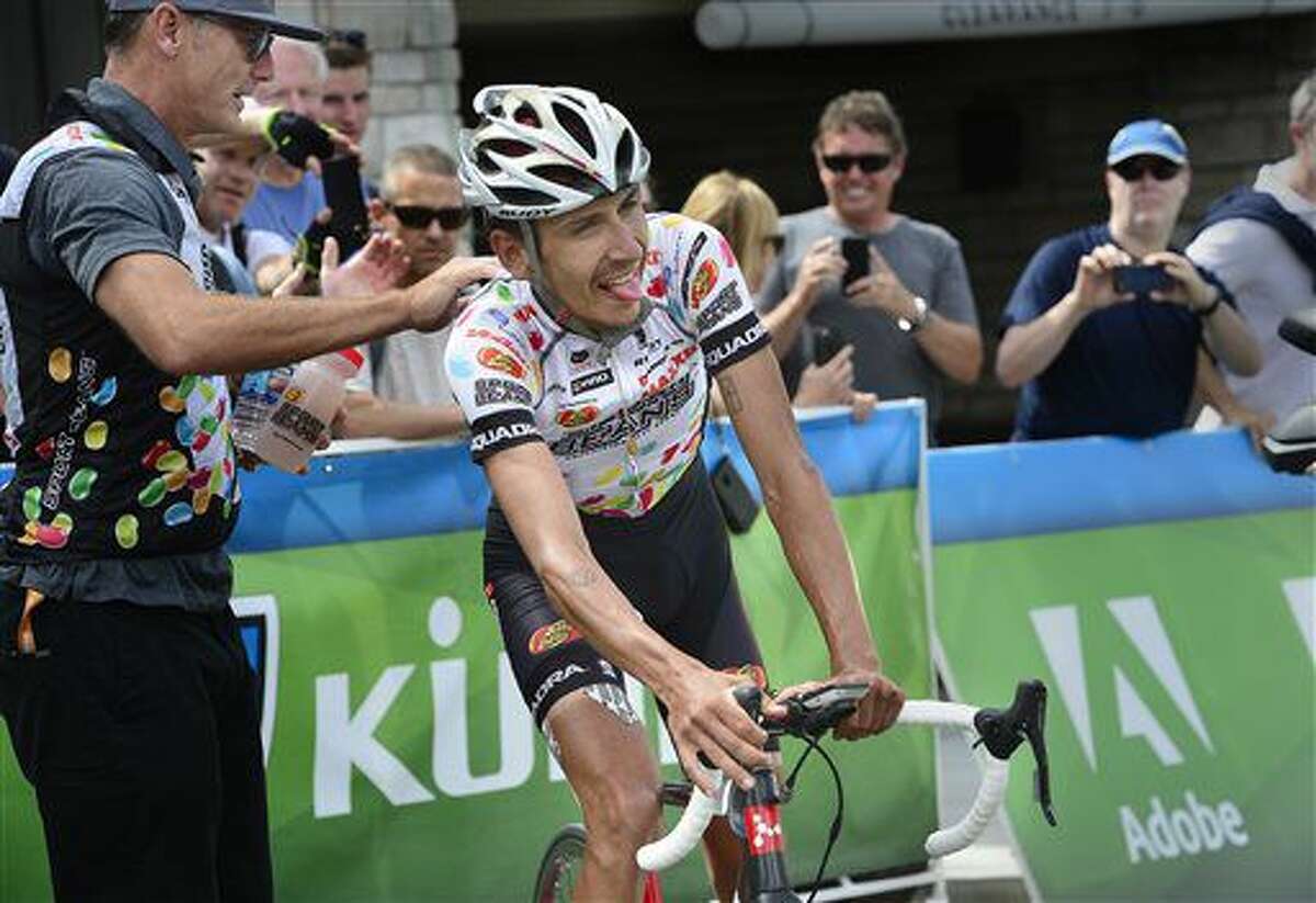 Lachlan Morton, of Jelly Belly Racing & pb Maxxis, reacts after winning the Tour of Utah bicycle race, Sunday, Aug. 7, 2016. (Scott Sommerdorf/The Salt Lake Tribune via AP)