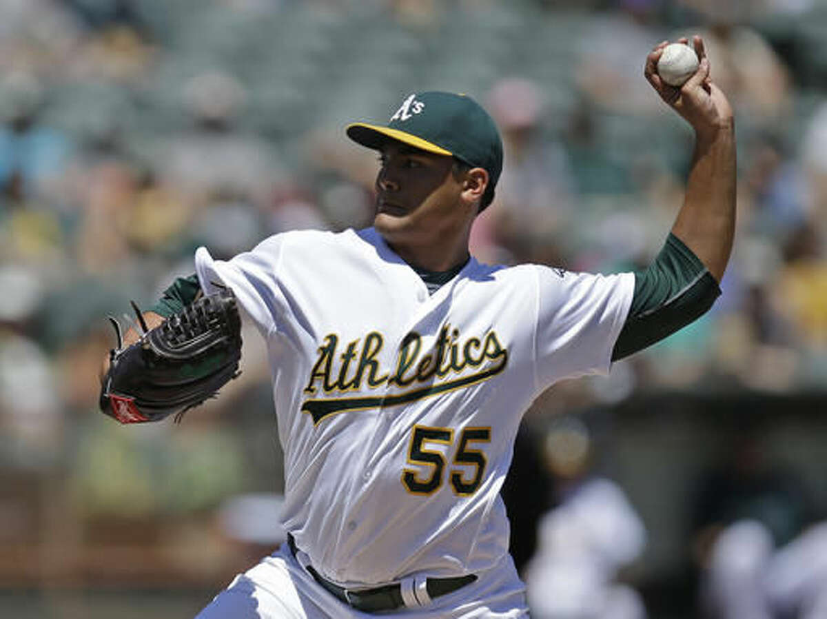 Oakland Athletics pitcher Sean Manaea works against the Chicago Cubs in the first inning of a baseball game Sunday, Aug. 7, 2016, in Oakland, Calif. (AP Photo/Ben Margot)