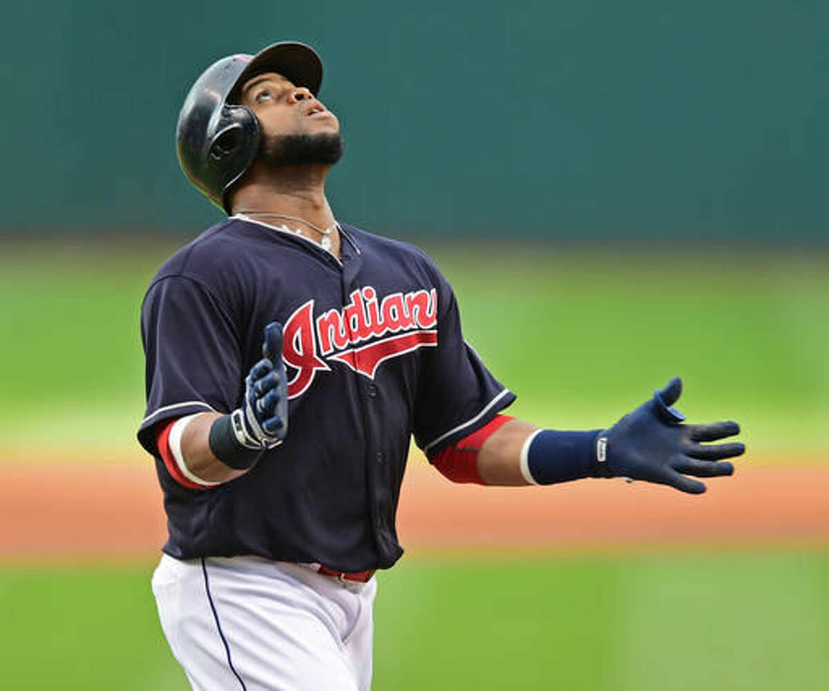 Cleveland Indians' Carlos Santana celebrates after hitting a solo home run off Los Angeles Angels starting pitcher Jhoulys Alvarez during the first inning of a baseball game Thursday, Aug. 11, 2016, in Cleveland. (AP Photo/David Dermer)