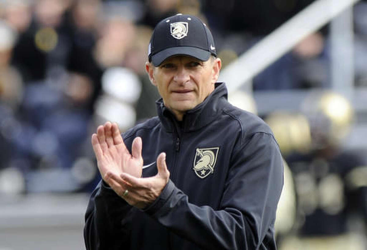 FILE - In this Oct. 17, 2015, file photo, Army coach Jeff Monken reacts before an NCAA college football game against Bucknell in West Point, N.Y. Monken is set to begin year three at the helm, which means half his roster includes players he has signed. (AP Photo/Hans Pennink, File)