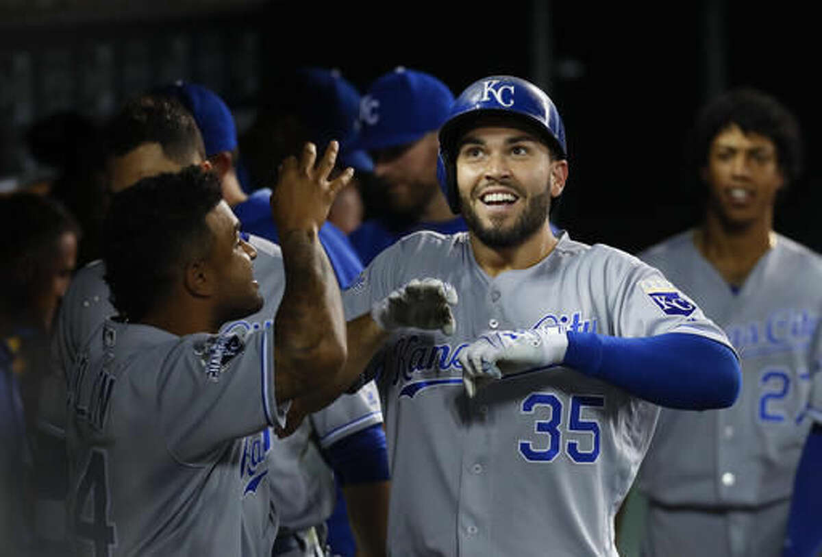 Kansas City Royals' Eric Hosmer (35) celebrates his solo home run against the Detroit Tigers in the seventh inning of a baseball game in Detroit, Tuesday, Aug. 16, 2016. (AP Photo/Paul Sancya)