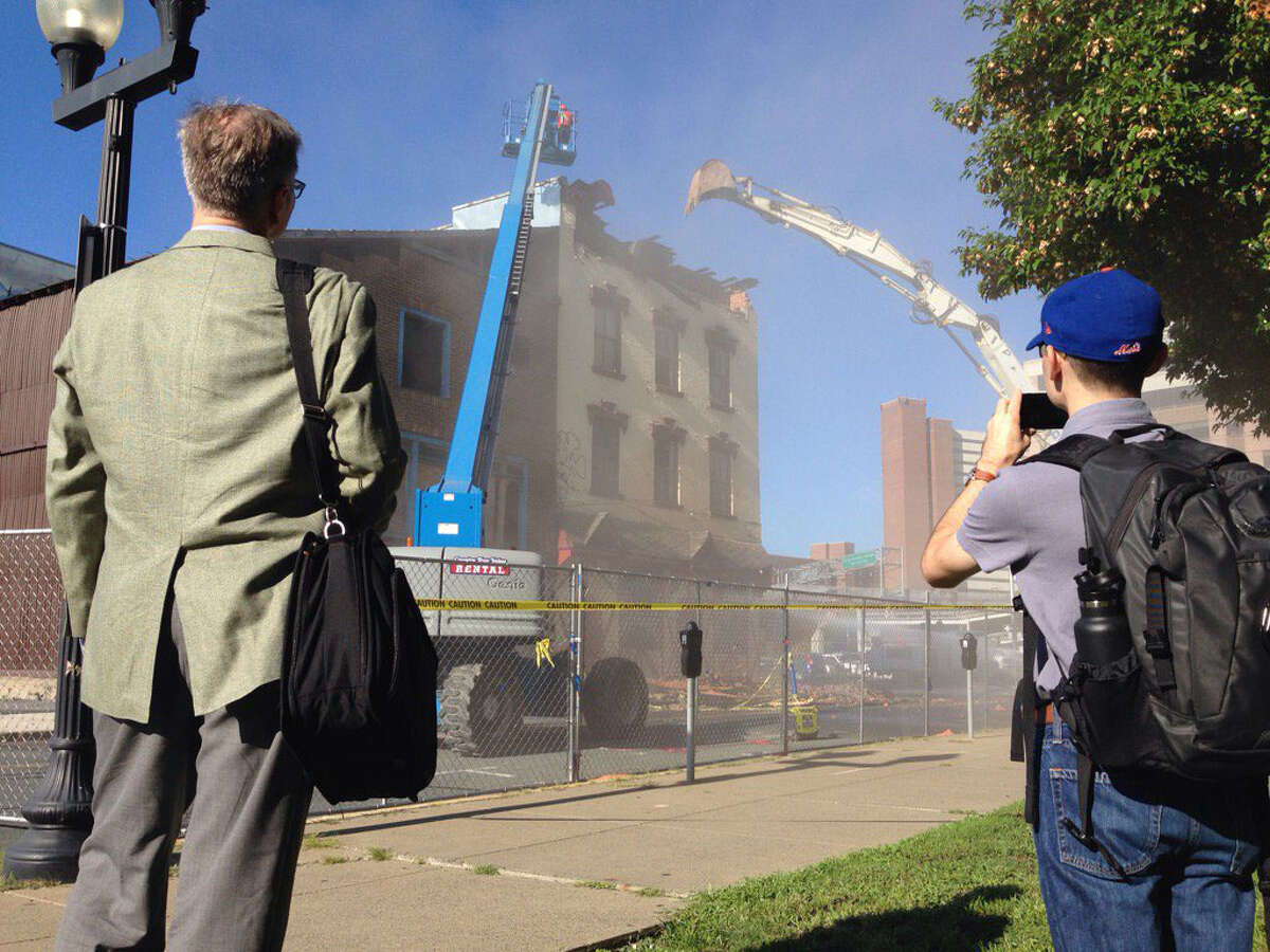 50 Hudson Avenue is demolished on Thursday morning in Albany, N.Y. (Paul Buckowski/Times Union)