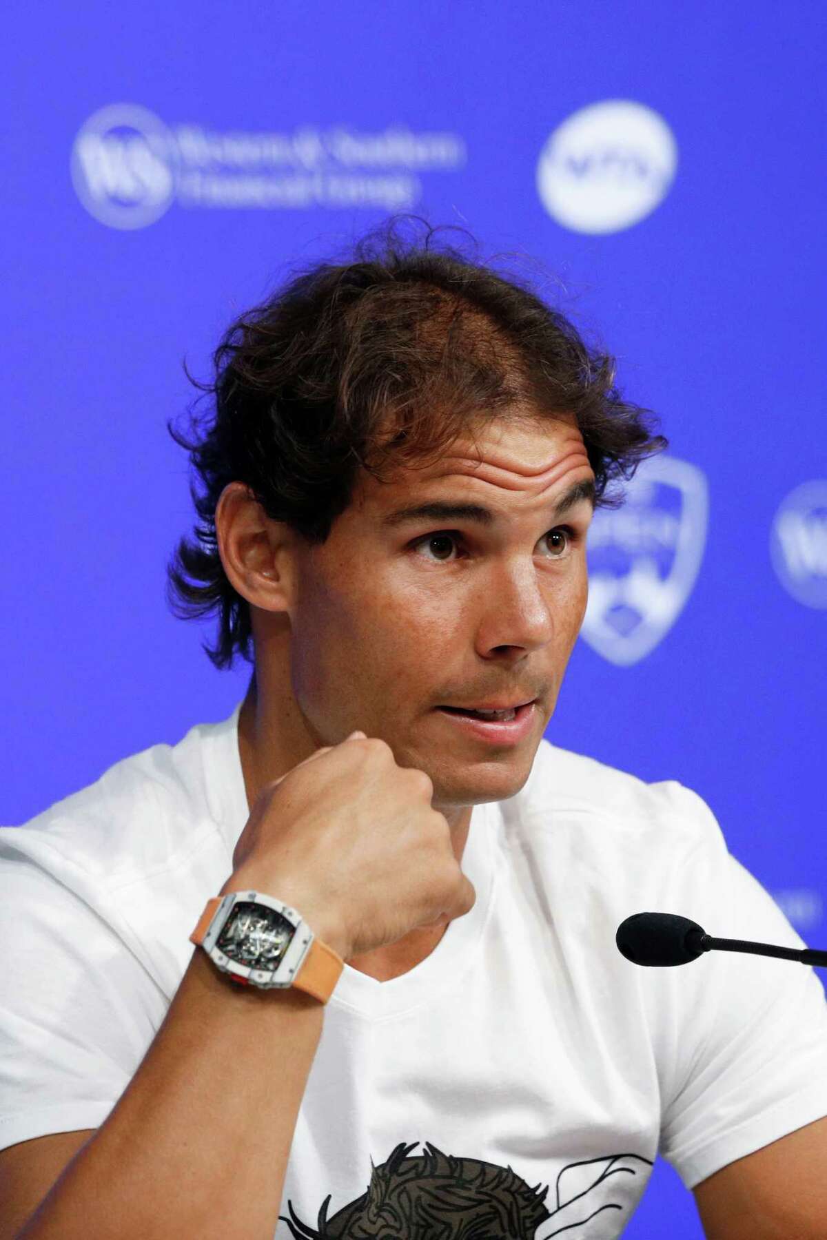 MASON, OH - AUGUST 16: Rafael Nadal of Spain speaks to the media on Day 4 of the Western & Southern Open at the Lindner Family Tennis Center on August 16, 2016 in Mason, Ohio. (Photo by Joe Robbins/Getty Images) ORG XMIT: 634842747