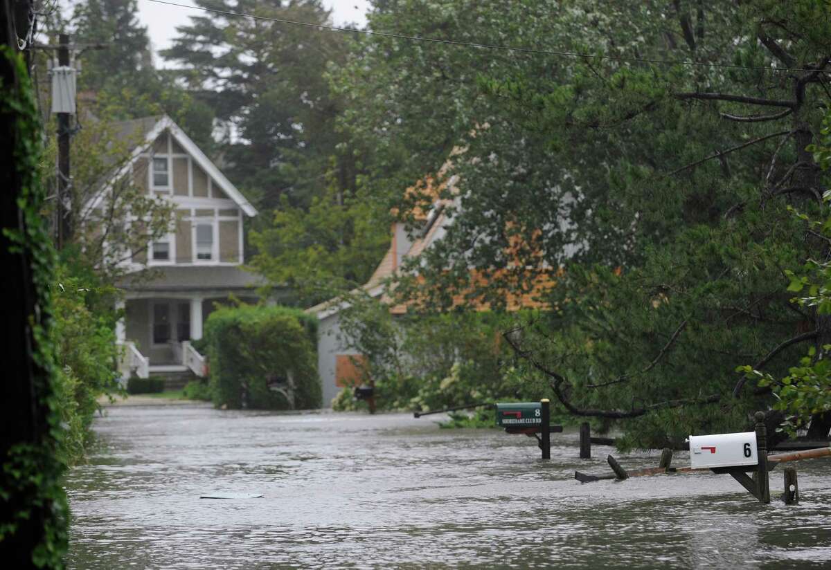 A flooded Shoreham Club Road in Old Greenwich during Hurricane Irene on Aug. 28, 2011.