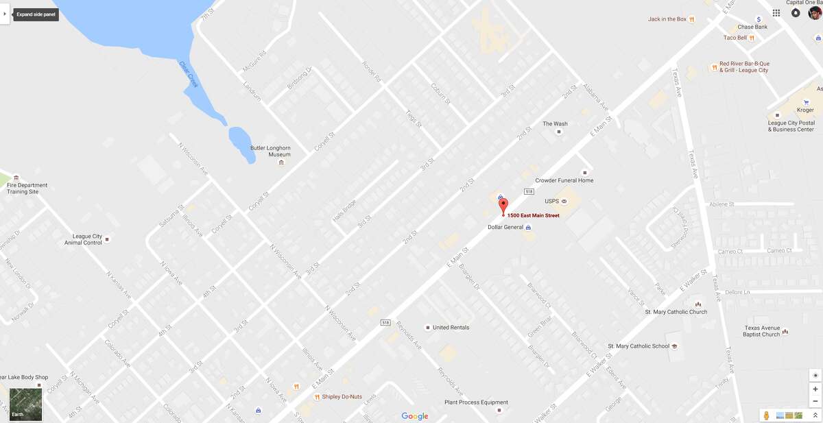 A screenshot of a Google Maps image of the 1500 block of East Main Street in League City, Texas. On Aug. 17, 2016, a man was arrested on charges of injury to a child and driving without a license in the area.