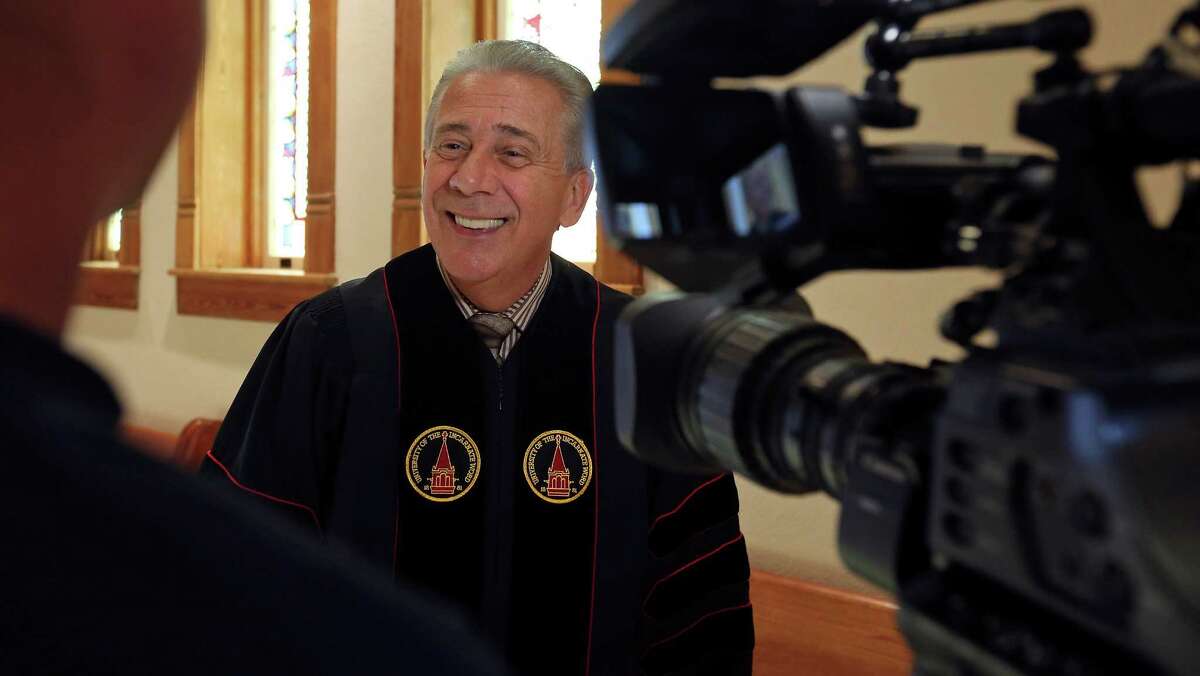 University of the Incarnate Word president Dr. Louis J. Agnese Jr., answers questions from the media before a Conferral Ceremony of Honorary Degrees celebrating his 30th anniversary as UIW president, Monday March 21, 2016 at the Chapel of the Incarnate Word. Agnese, Charles Amato, and Harley Seyedin each received a Doctor of Humane Letters, Honoris Causa the highest honor UIW can confer on an individual.