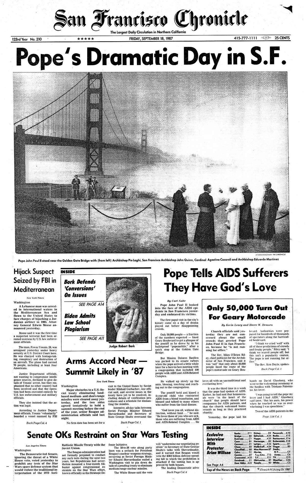 Historic Chronicle front page September 18, 1987 Pope John Paul II visits the Golden Gate Bridge during his visit to San Francisco