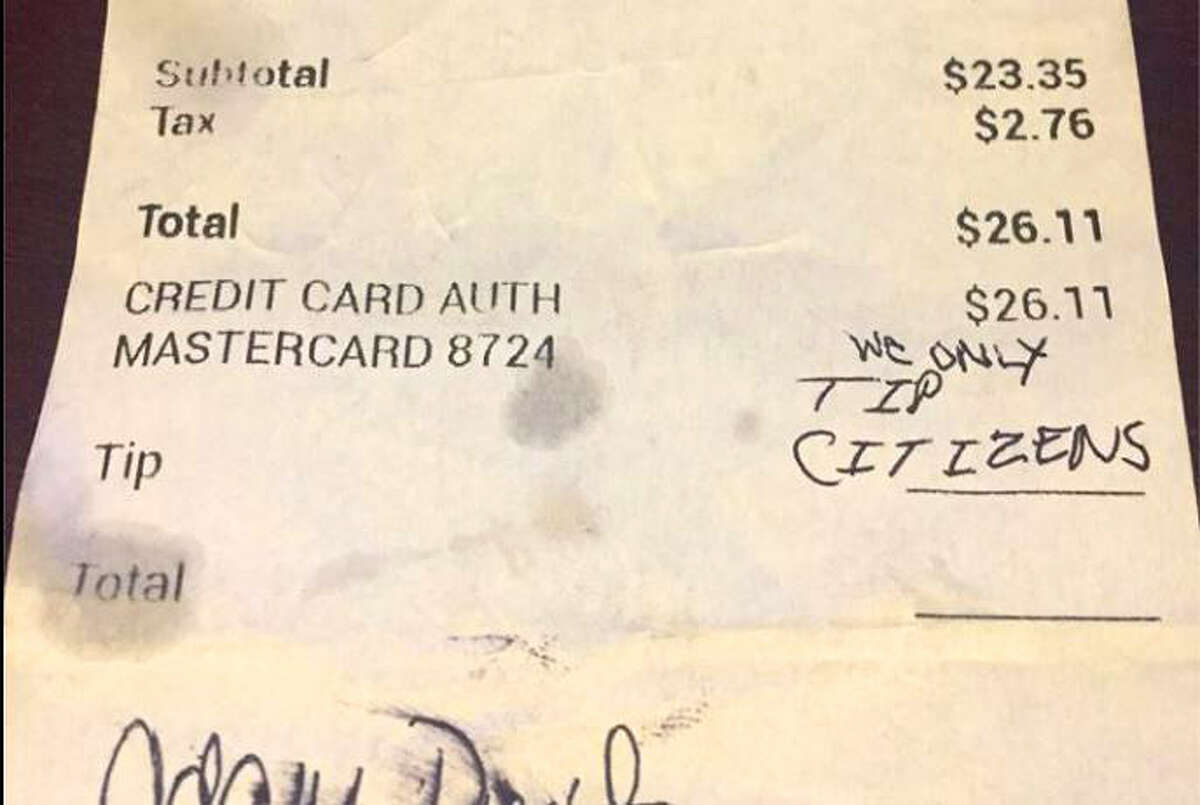 A customer left a nasty note for Sadie Karina Elledge at a Harrisonburg, Va., restaurant on Monday, saying "we only tip citizens." MUST CREDIT: Courtesy of John Elledge