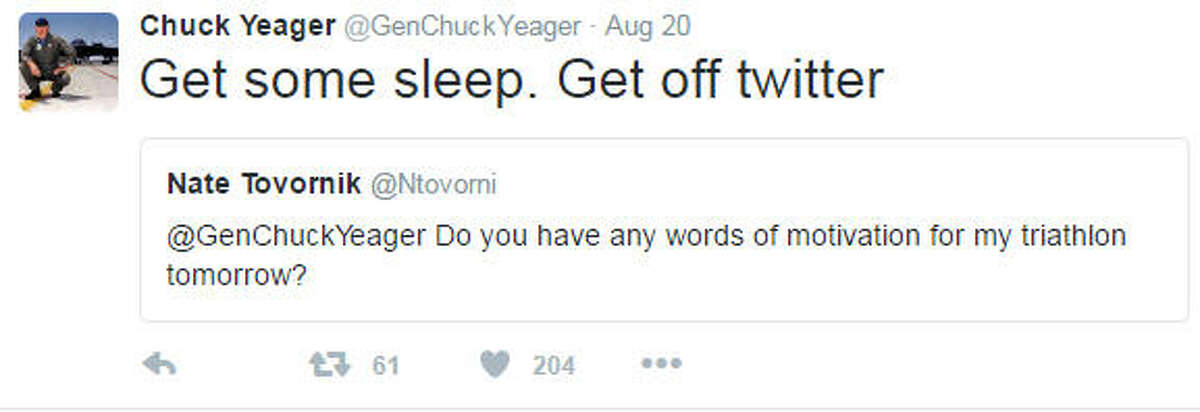 He's been on Twitter for years now but legendary test pilot Chuck Yeager has rarely answered questions about his decades of flying experience. That changed this past weekend, Aug. 19, 2016.