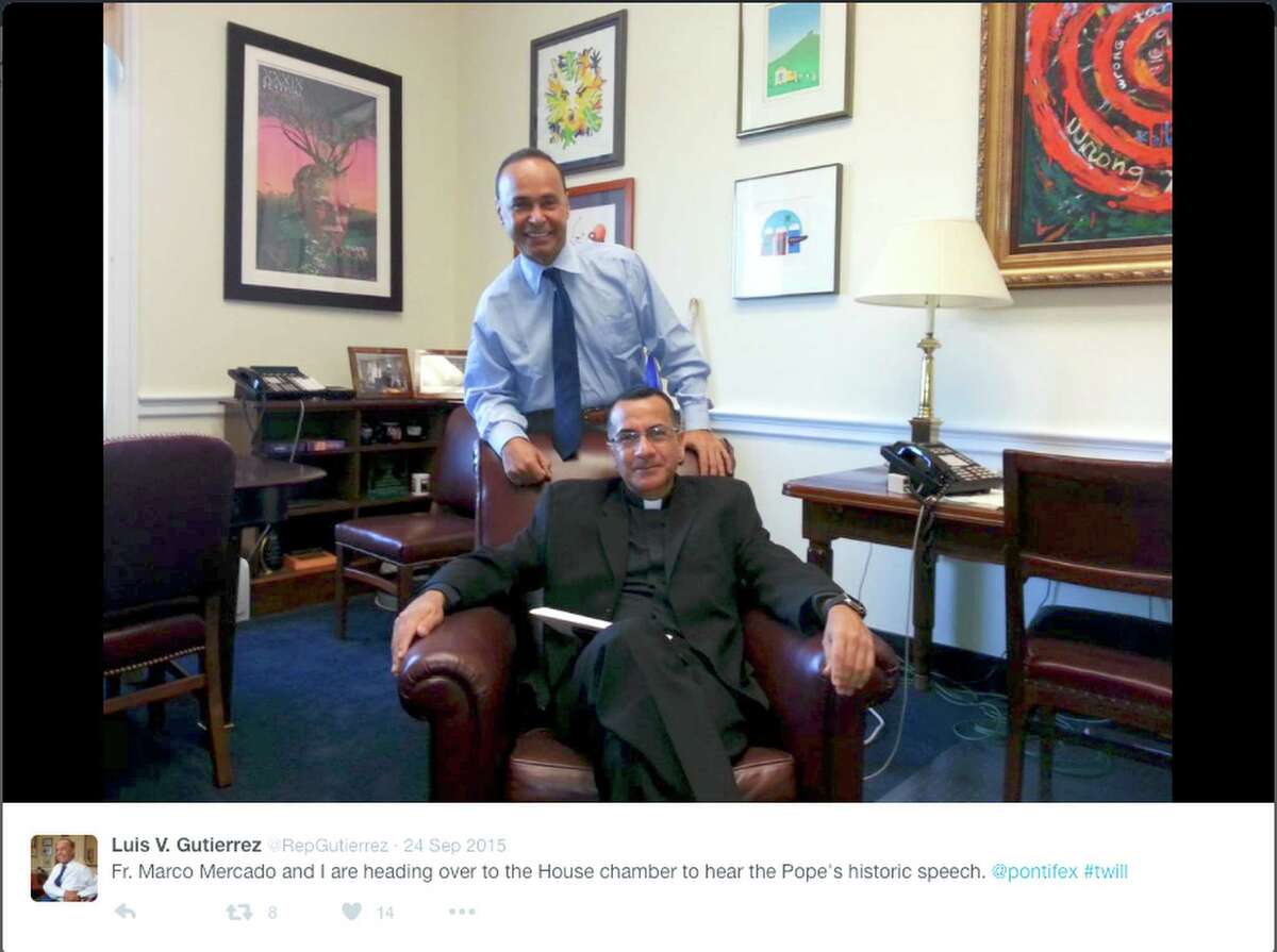U.S. Rep. Gutierrez of Illinois, standing, poses with Father Marco Mercado, the former rector of the Our Lady of Guadalupe shrine in Des Plaines who is now at a South Side parish seeking a formal transfer to the Archdiocese of San Antonio, in a photo tweeted from Capitol Hill Sept. 24, 2015 before the two men attended Pope Francis' address to Congress. Father Mercado was removed from his ministry for an "inappropriate relationship with an adult man" a week before the image was taken.