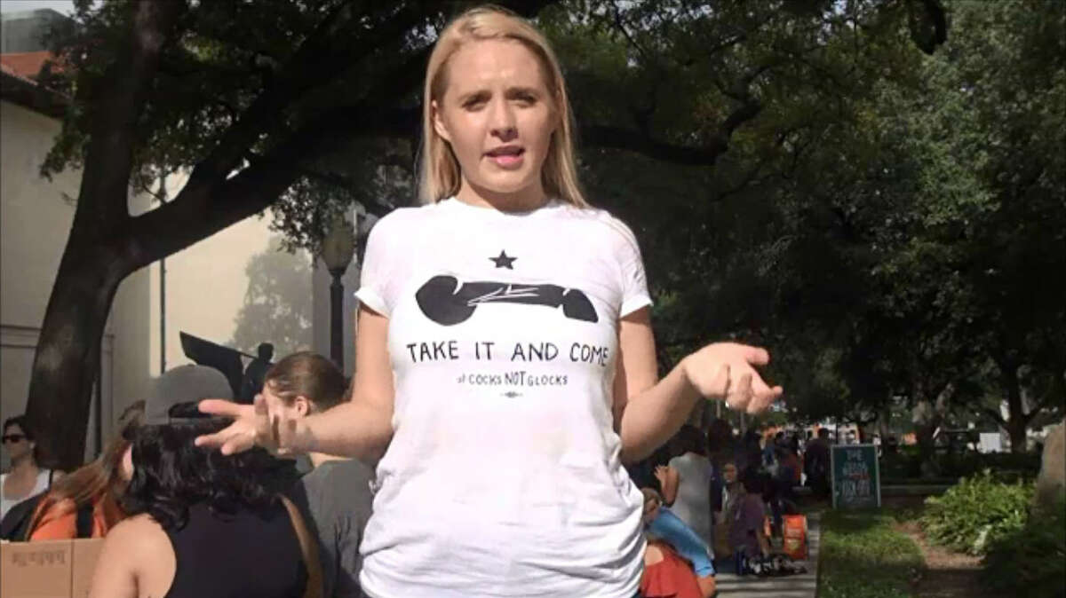 A campus carry gun protester at the University of Texas at Austin shows off a NSFW shirt that plays off the classic Texas slogan "Come and Take It." Though much older, the slogan made its first mainstream Texas appearance at the Battle of Gonzales in October 1835 when Texas troops designed a flag with the saying along with the image of a cannon, daring Mexican troops to try to seize the armaments of the frontier colony. The image since become a part of Texas folklore and is often invoked to demonstrate independence and defiance among Texans towards everything from federalism to Blue Bell Ice Cream recalls.