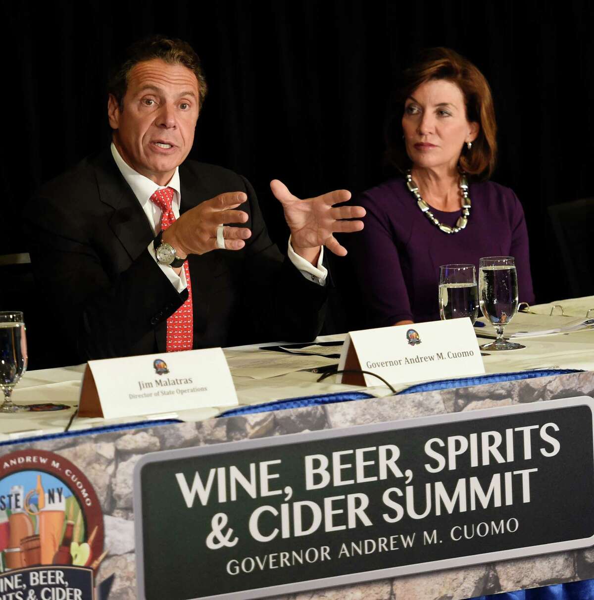 Governor Andrew Cuomo, left, chairs the Beer, Wine, Spirits and Cider Summit held in the Hart Lounge at the Empire State Plaza Oct. 7, 2015 in Albany, N.Y. Joining the Governor is Lt. Governor Kathy Hochul. (Skip Dickstein/Times Union)