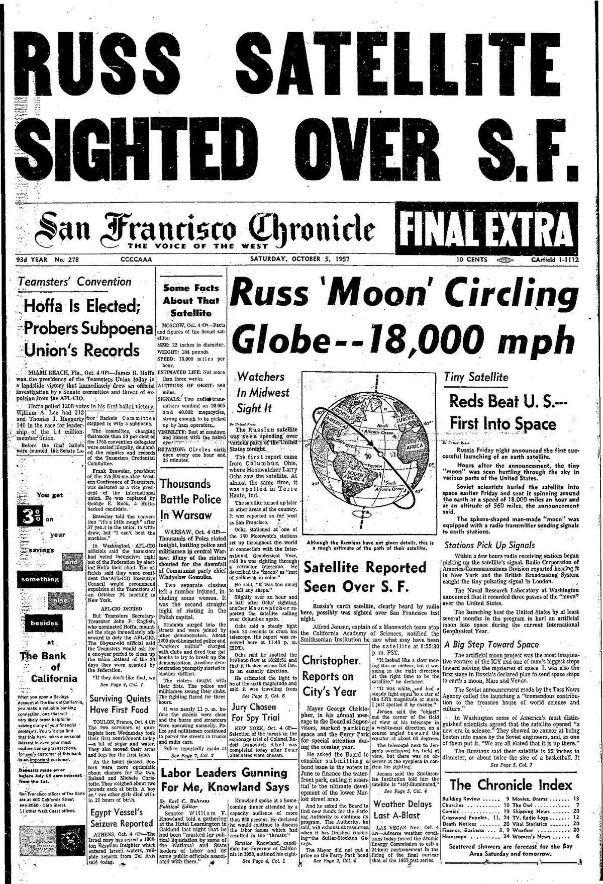 1957年10月5日，俄罗斯卫星在旧金山上空被发现
