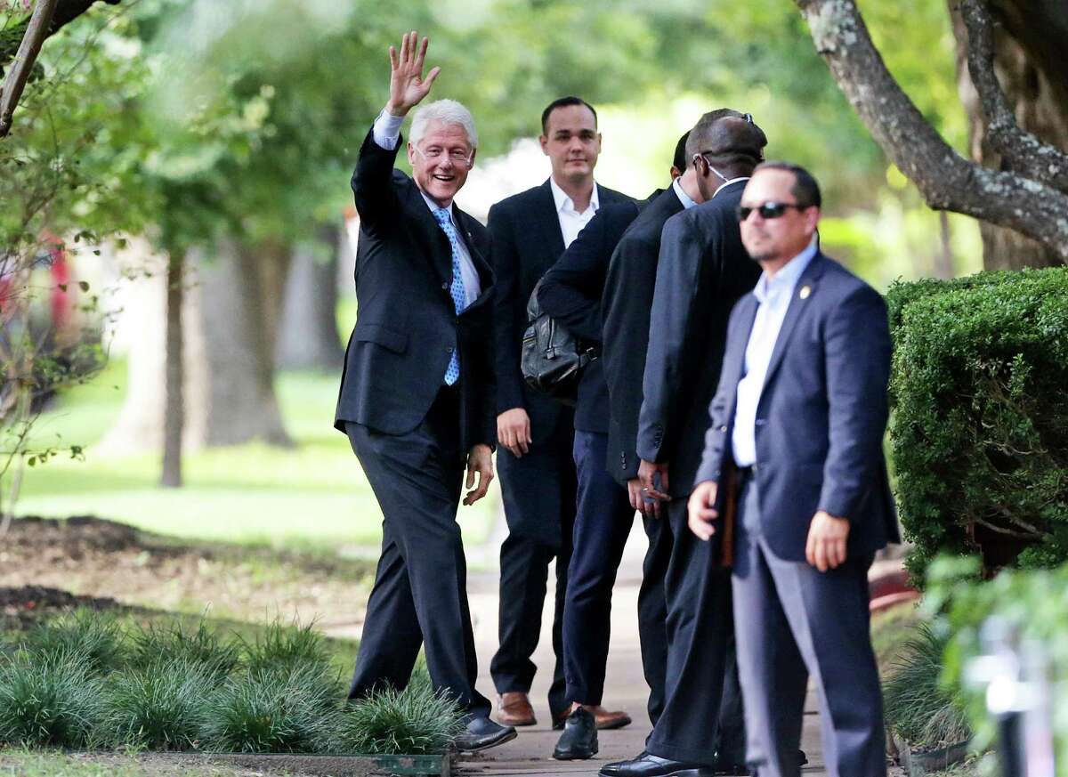 Former president Bill Clinton visits the home of Henry Munoz III in San Antonio for a private fundraiser benefiting his wife Hillary Clinton on August 25, 2016