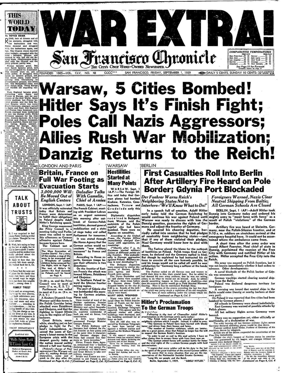 《历史纪事报》1939年9月1日头版战争特刊!德国进攻波兰