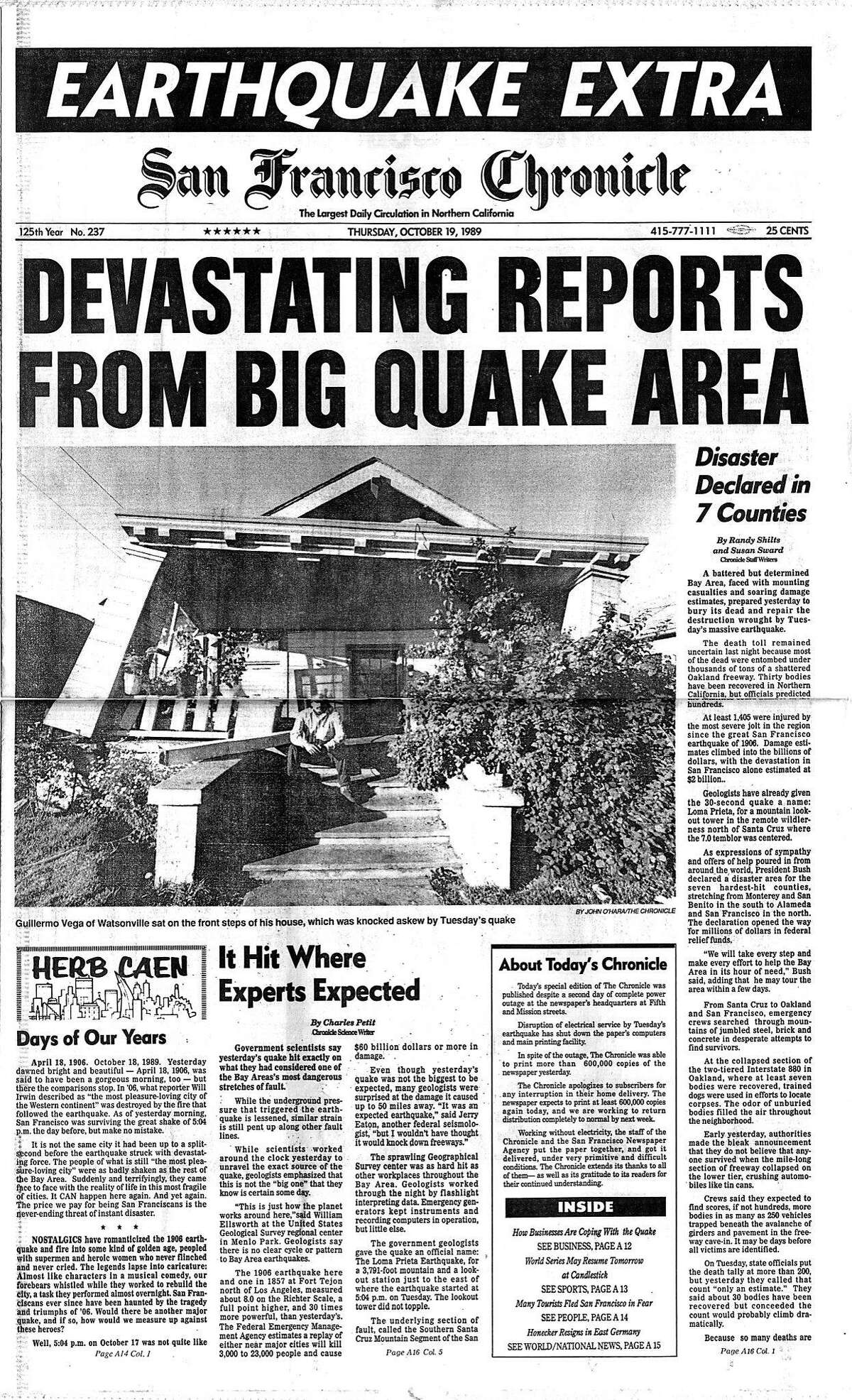 Historic Chronicle Front Page October 19, 1989 Loma Prieta earthquake strikes, there was massive damage to the Bay Area and Santa Cruz