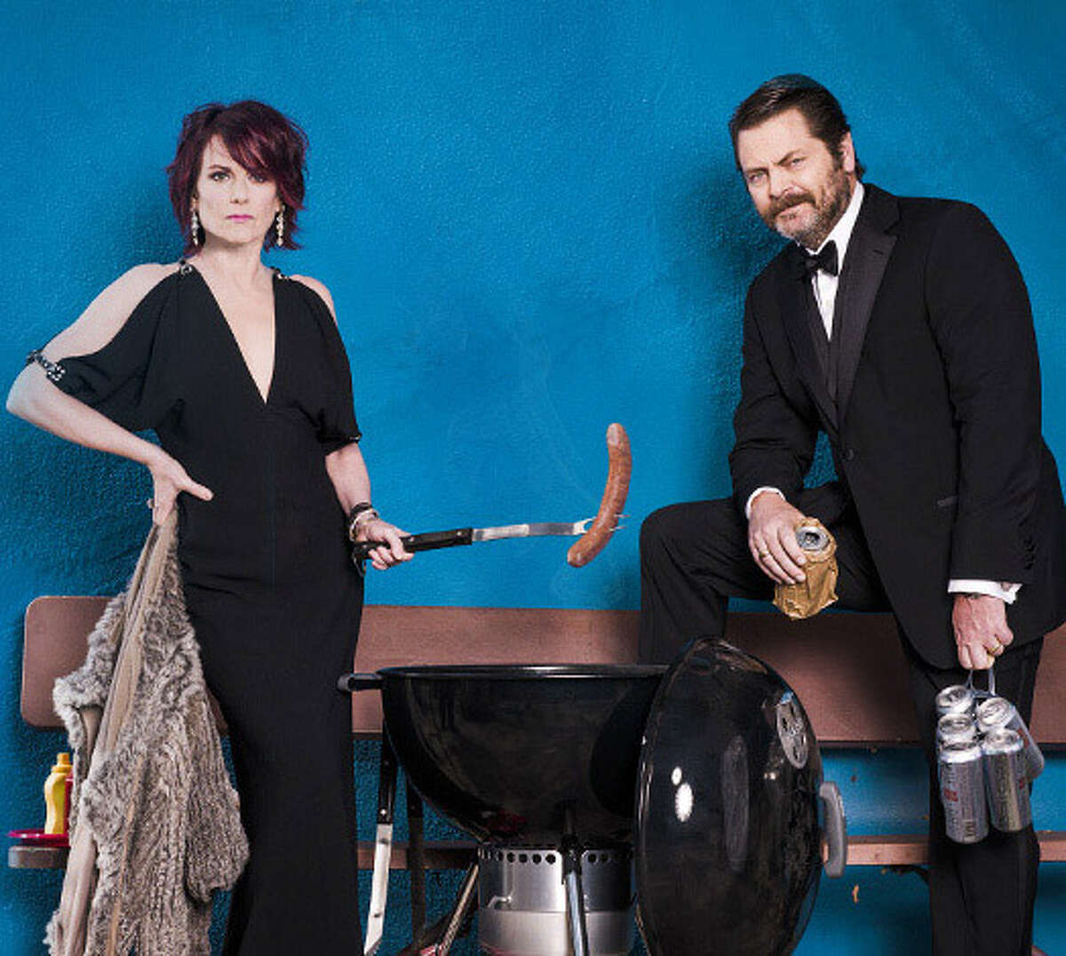 Megan Mullally and Nick Offerman in a publicity photo for their variety show ?Summer of 69: No Apostrophe."