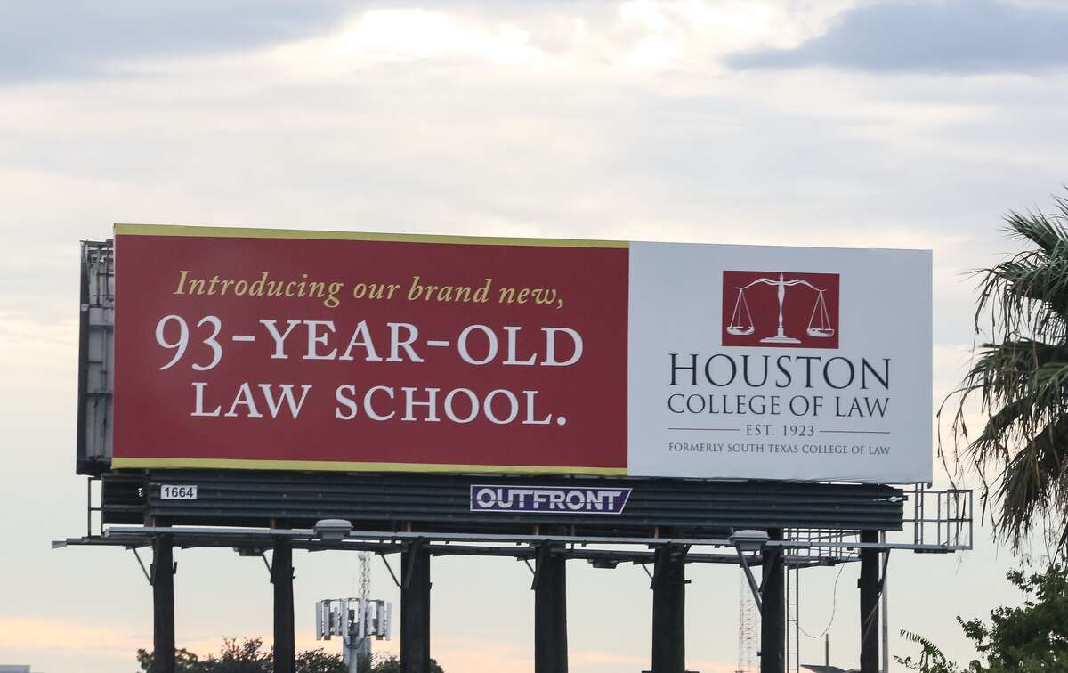 A billboard advertising the Houston College of Law, now known as South Texas College of Law Houston, is shown. Keep going for a look at the most selective law schools in America. 