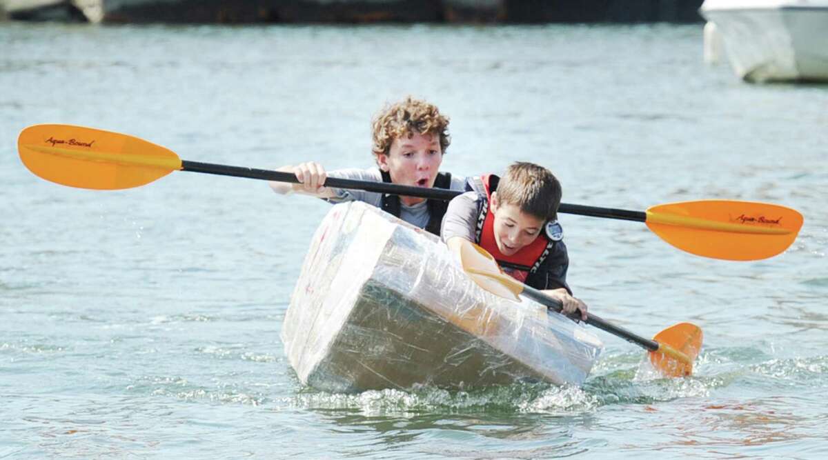 The kayak propelled by Griffin Gigliotti, front, and Angus Manion, had a brief precarious moment Saturday.