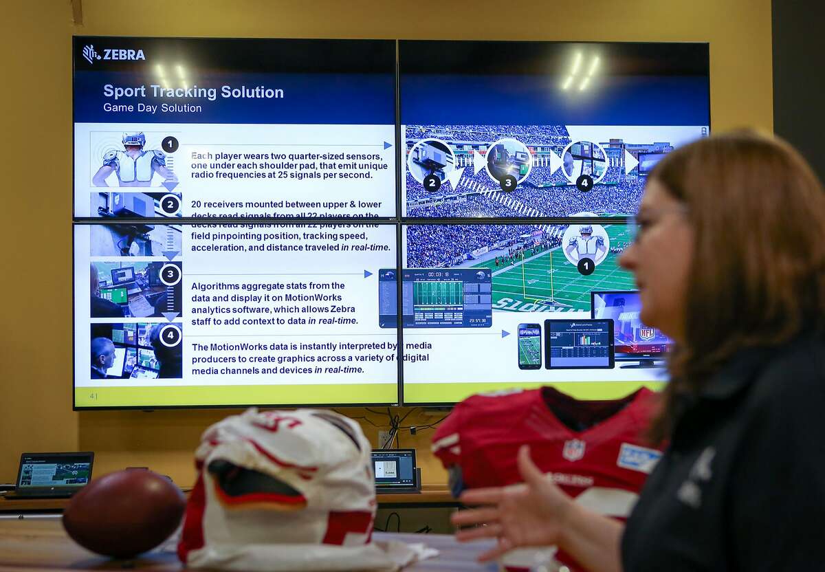 Jill Stelfox, Zebra Technologies general manager of location solutions, unveils Zebra's location tracking RFID chip technology that has been used by the NFL for the last two seasons at Zebra Technologies in San Jose, Calif. on Friday, Aug. 26, 2016.