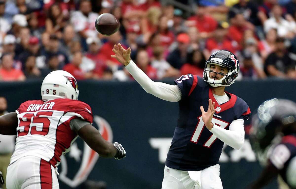 Houston Texans quarterback Brock Osweiler (17) passes against the Arizona Cardinals during the first half of an NFL preseason football game, Sunday, Aug. 28, 2016, in Houston. (AP Photo/Jeff Roberson)