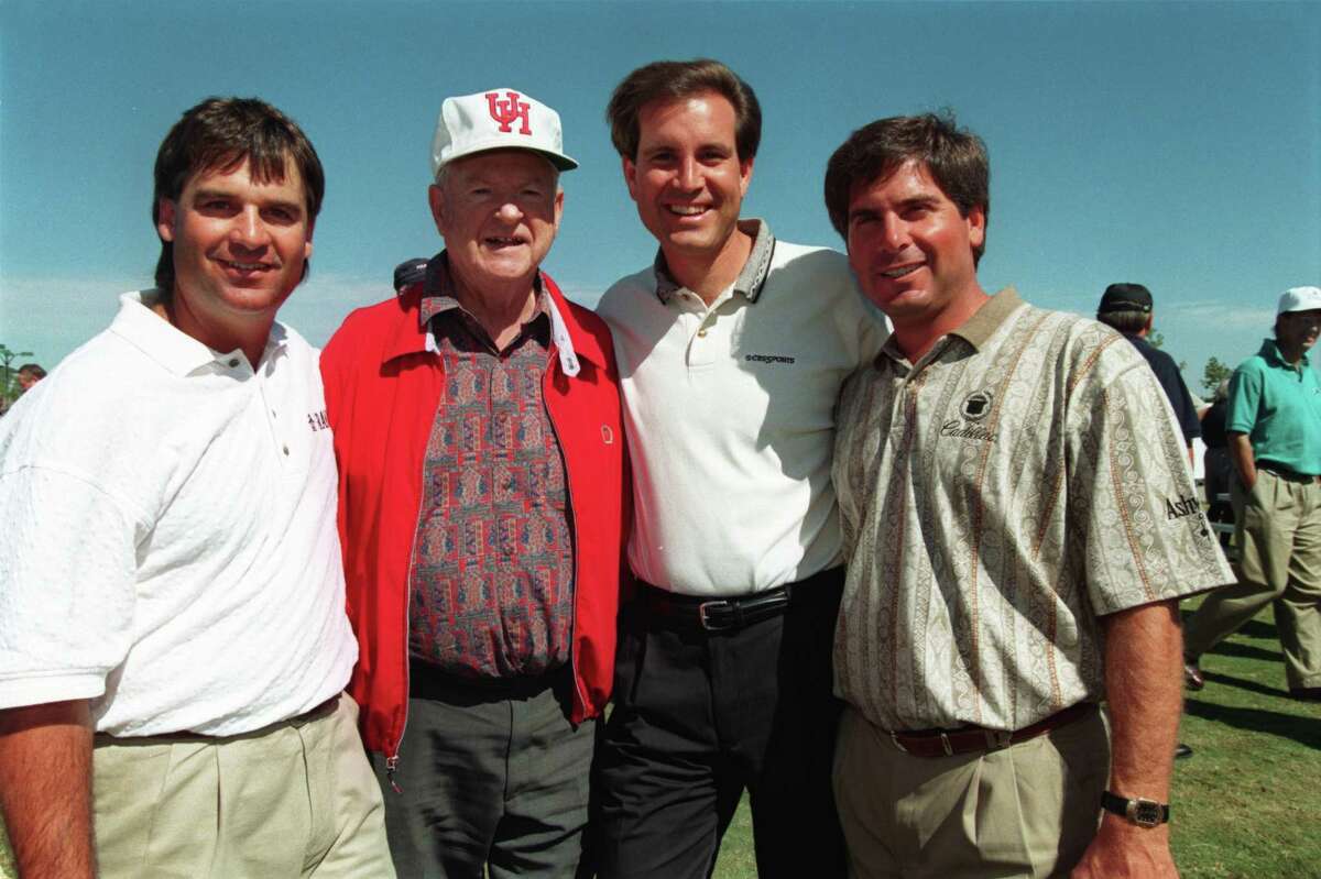 Fred Couples (far right) and Jim Nantz (second from right) face tough second-round opposition in the "Whose Bracket? Coogs' Bracket!" They're pictured here with former UH golfer Blaine McCallister and late UH golf coach Dave Williams.